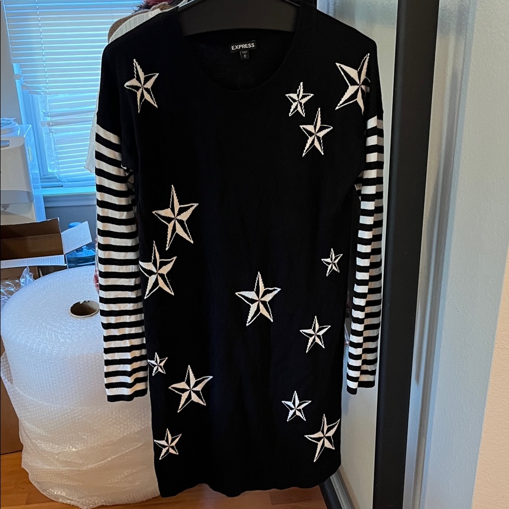 Express Black Dress with White Stars and Striped Sleeves
